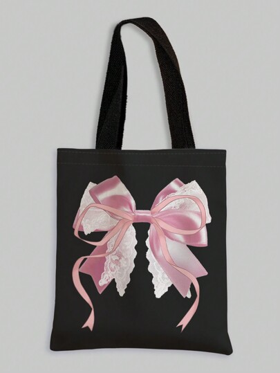 Kawaii Cute Pink Bow Pattern Double-Sided Print Canvas Shoulder Tote Bag