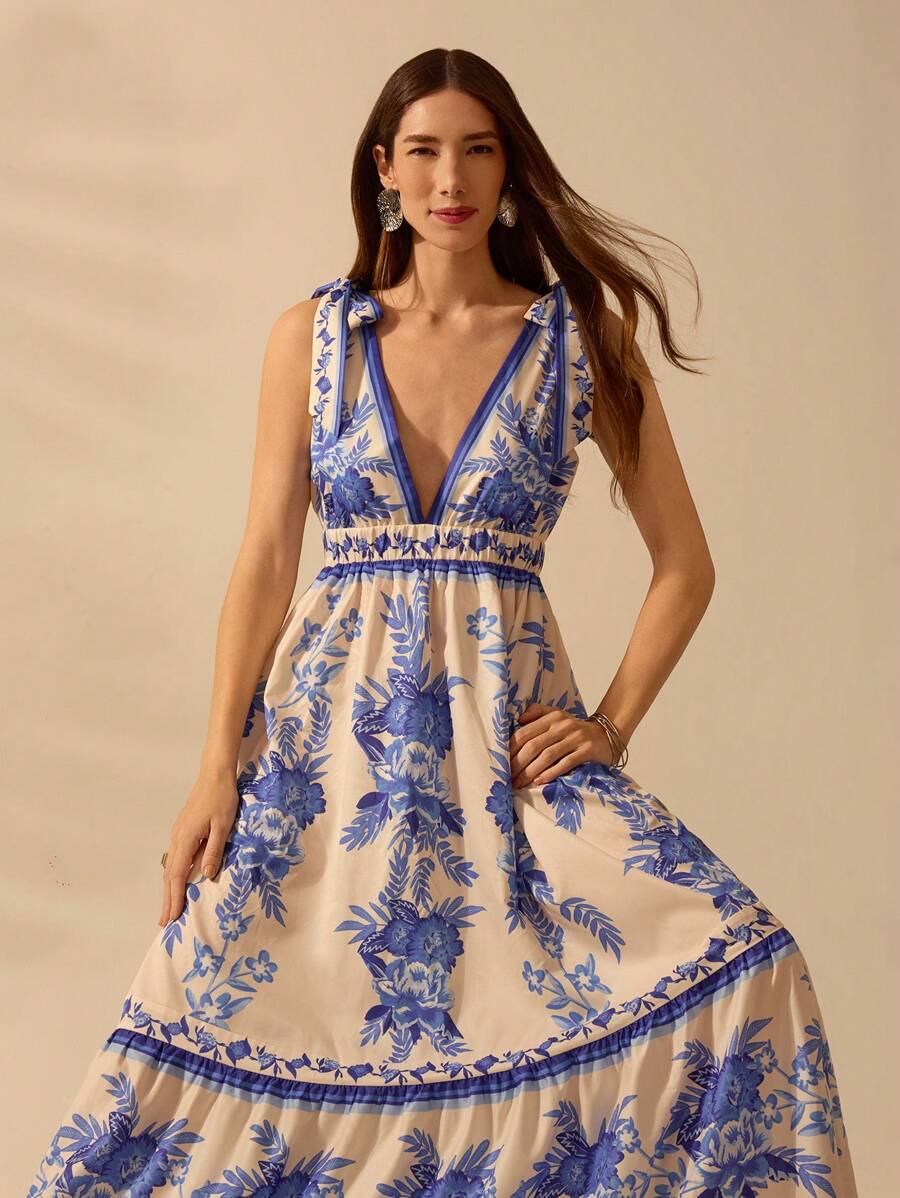 CAJUNI 女式深 V 领无袖系带休闲度假海滩长裙，波西米亚风热带花卉蓝色印花连衣裙，夏季 - 藍白色 - 查看 1