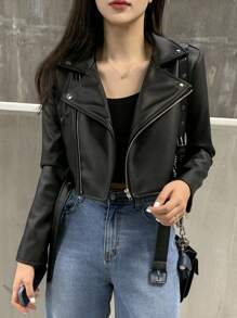 DAZY Chaqueta de mujer de estilo corto, casual y de moda, con cuello de solapa de piel sintética (PU)