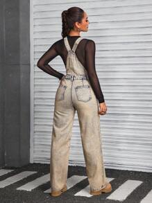 SHEIN ICON Women's Wide Strap Button Pocket Simple Casual Denim Bib Pants