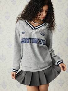 SHEIN MOD Sudadera holgada para mujer con cuello en V de encaje, empalmada con estampado de letras