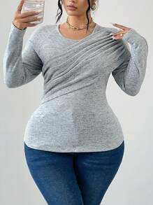 SHEIN Unity Crew Neck Pleated Solid Color Elastic Fitted Elegant T-Shirt