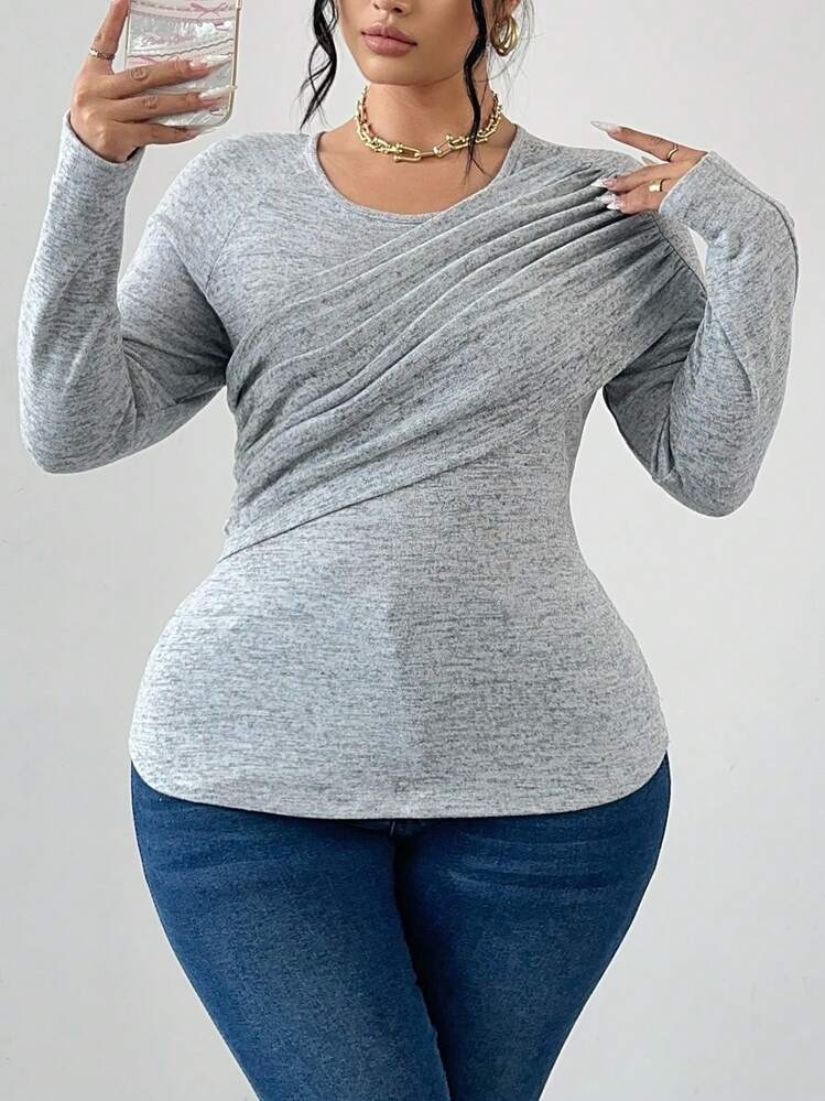 SHEIN Unity 圆领褶皱纯色弹力修身优雅 T 恤 - 灰色 - 查看 3