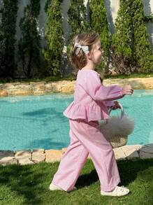 SHEIN LMoss Kids LMoss Young Girl 2pcs Young Girl Woven Striped Blouson Sleeve Loose Casual Blouse Andwide Leg Pants Sets,Bow Blouse, Great For Casual & Daily Wear - Pink - View 9