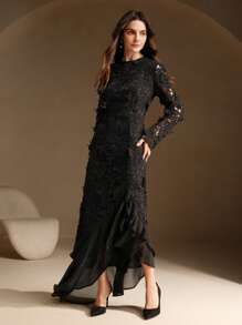 Anewsta White Lace 3D Floral Mermaid Hem Dress - Black - View 3