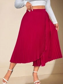 SHEIN Unity Falda larga plisada de talle alto de línea A de unicolor elegante para mujer de talla grande, de moda y versátil, para otoño/invierno - Verde - Ver 6