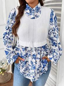 SHEIN VCAY Blusa casual de manga larga de talla grande para mujer con diseño 2 en 1 empalme, atuendo romántico para el Día de San Valentín para uso diario