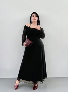 SHEIN Privé 大码优雅时尚黑色长袖荷叶边下摆网眼连衣裙，性感系带，节日，新年，派对，办公室，休闲，春秋，海滩 - 黑色 - 查看 1