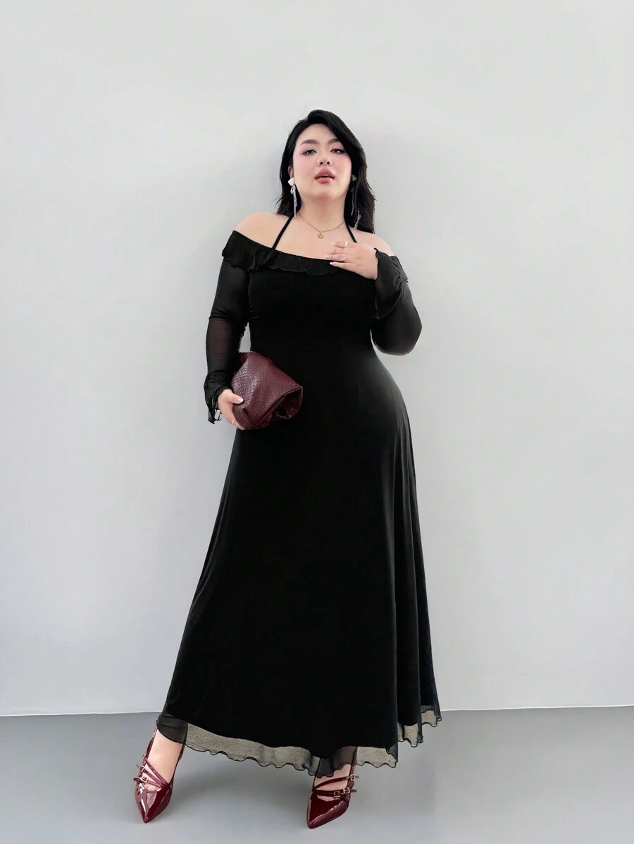 SHEIN Privé 大码优雅时尚黑色长袖荷叶边下摆网眼连衣裙,性感系带,节日,新年,派对,办公室,休闲,春秋,海滩 - 黑色 - 查看 1