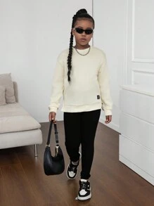 SHEIN Explorewe 2 pièces/set Sweat-shirt col ras-du-cou décontracté de couleur unie pour préadolescentes