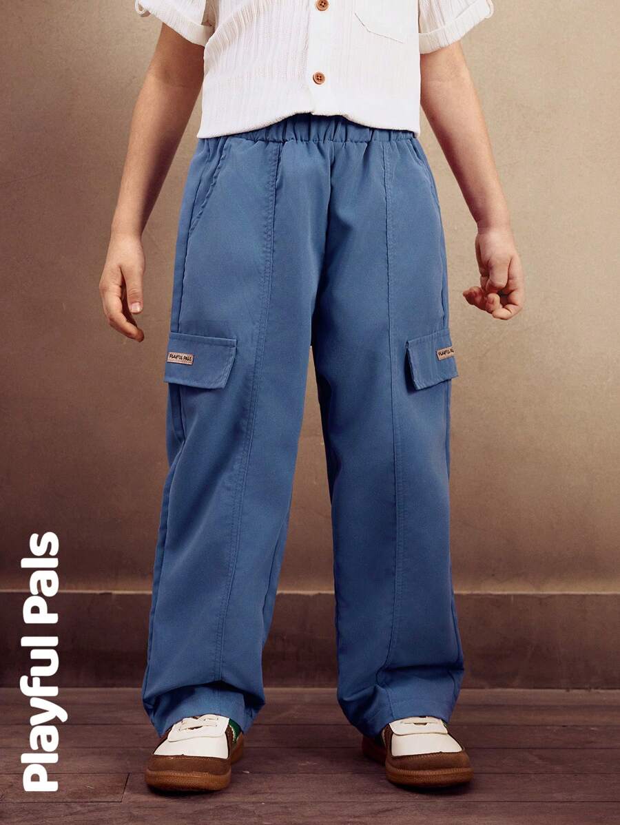 SHEIN 1 pieza Pantalones rectos con bolsillo lateral para niños pequeños, pantalones de color liso casual aptos para cualquier ocasión, básicos y lindos/vintage/casuales para la escuela y exteriores, atuendos de primavera/verano - Azul - Ver 1