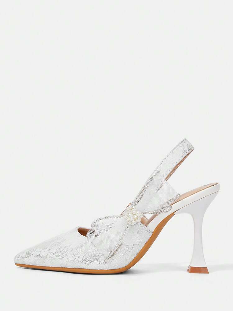 CUCCOO HITCHD Women's White Lace Bowknot Strap High Heel Pumps, Elegant Slingback Commuting, Dating, Wedding, Office, Formal Party Shoes Summer Shoes Summer Break Easter Prom Heels For Christmas Elegant Shoes Wedding Shoes Summer Shoes Bride Shoes