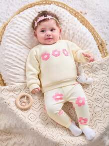 SHEIN Newborn Baby Girls Winter Knitted Floral Embroidered Long Sleeve Sweatshirt & Floral Knitted Pants Set, Suitable For Outings And Casual Wear - Apricot - View 3