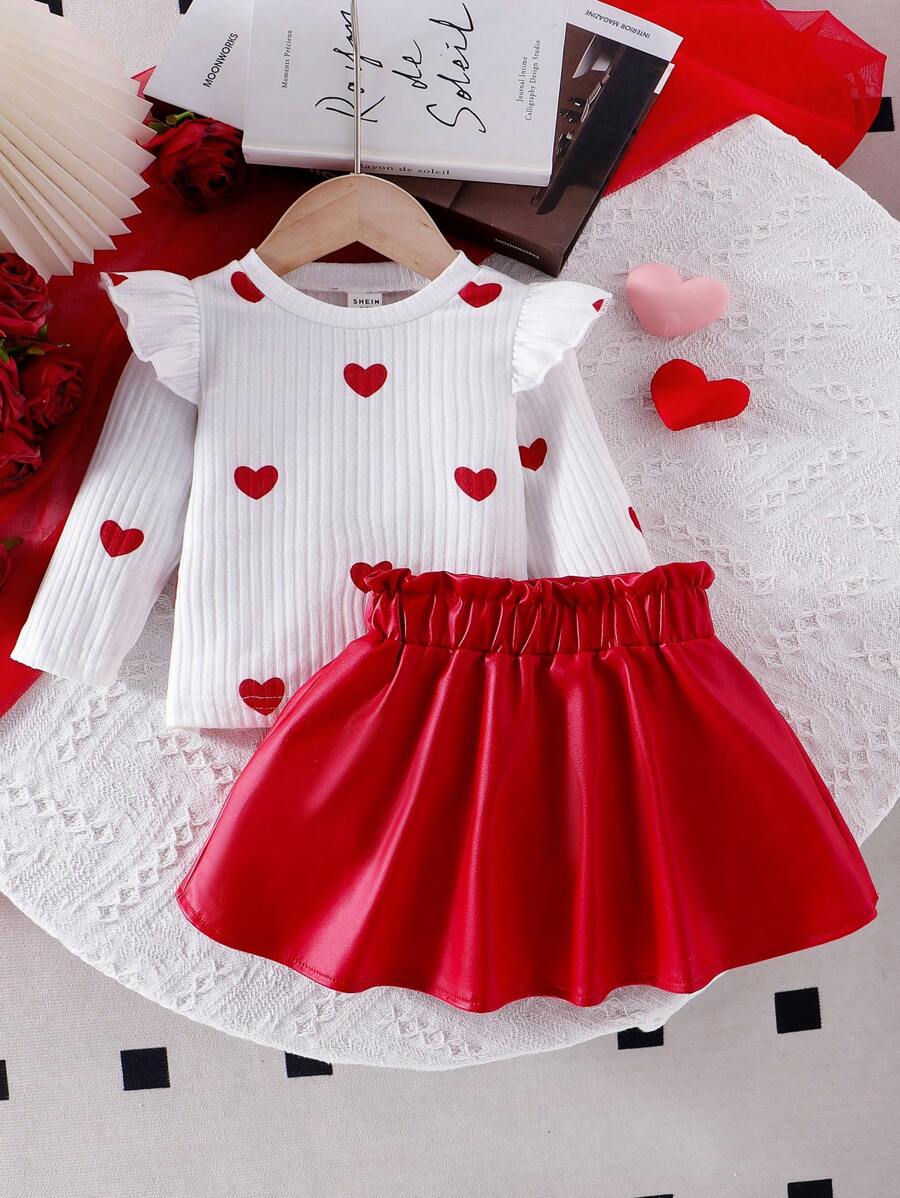 Elladie kids 2 件套女婴卡其色长袖上衣，带心形印花，黑色裙子，复古秋季日常休闲装 - 紅色 - 查看 1