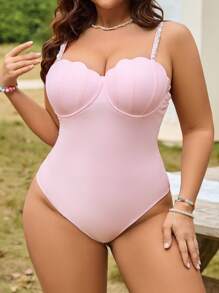 Swim Mod 大码女式花朵模杯无钢圈连体泳衣夏季 - 粉色 - 查看 3