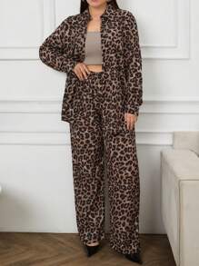 RueChic Plus Leopard Print Loose Shirt + Wide Leg Pants Two-Piece Set - Multicolor - View 4