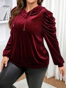 SHEIN LUNE Plus Size SHEINLUNE Burgundy Velvet Princess Sleeve Sweatshirt, Valentine, Love/Lover, Spring,Easter