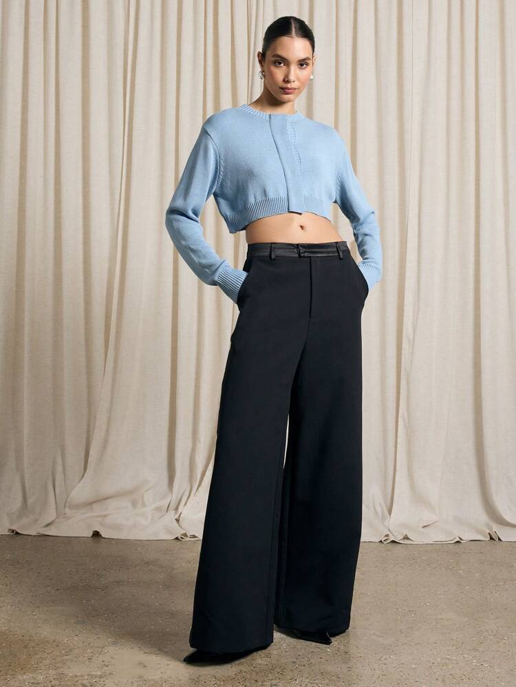 Ultra Cropped Knit Button Front Long Sleeve Ribbed Trim Cardigan