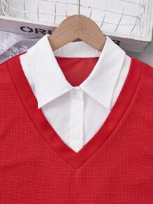 2pcs/Set Teen Girl Fashionable Contrast Color 2 In 1 Red Long Sleeve Top & Cherry Print Jeans Pants Outfit - Red - View 3