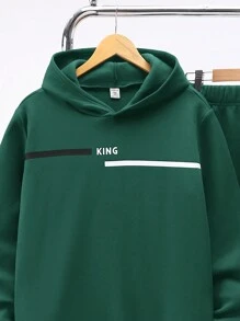 SHEIN 2 件套休闲百搭舒适条纹字母印花针织连帽衫和运动裤套装，派对礼物，返校服装，秋冬，羊毛，加厚