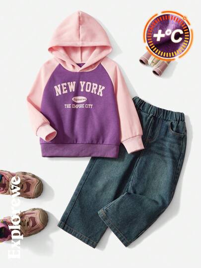 SHEIN 2pcs Young Girl City Casual Style Outfit, Contrast Color Hoodie Top Paired With Denim Long Pants, Suitable For Outdoor, School, Party And Other Occasions, Autumn/Winter