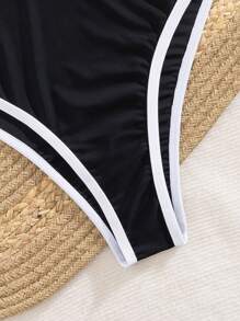 Swim Vcay 1pc Women's Solid Color Swimsuit With Soft Cup Underwire And Contrast Color Blocking Design, One-Piece Summer