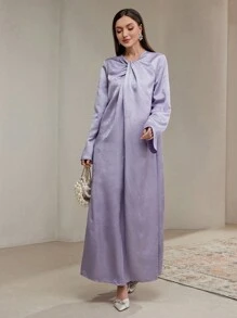 Al Najma Đầm Maxi Tay Loe Jacquard Màu Trơn Thanh Lịch Phong Cách Ả Rập Cho Nữ, Mùa Thu - Màu tím - Xem 2