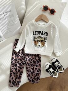 SHEIN 男婴/女婴可爱卡通印花卫衣和豹纹长裤套装，秋冬 - 彩色 - 查看 6