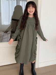 DAZY Set de 2 piezas: Top de manga larga a rayas de punto talla grande vestido de tirantes tejido para niñas preadolescentes, ropa de primavera/verano, tallas grandes, ropa de vuelta al colegio