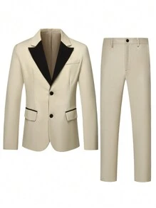 Manfinity Mode Conjunto de chaqueta de traje de manga larga con botones delanteros de dos tonos y pantalones de bolsillo de traje Manfinity Mode, traje de hombre color albaricoque claro, regalo para el novio