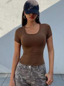 DAZY 女士纯色棕色圆领短袖镂空休闲上衣，日常穿着，露背上衣 - 棕色 - 查看 2