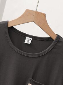 2pcs Boys Casual Outfit - Gray Collar Pocket Top With Contrast Trim & Matching Milk Silk Fabric Pants, Spring/Autumn - Dark Grey - View 5