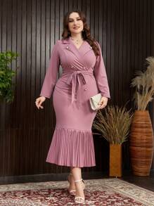 Modelyn Plus Size Solid Color Button Down Long Sleeve Tie Front Casual Dress