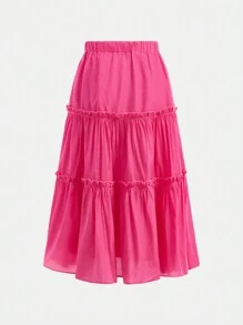 SHEIN Falda mini casual de 3 capas con pliegues de volantes y unicolor para niña preadolescente - Rosa Fucsia - Ver 2