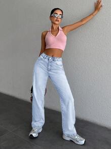 EURMUSE 100%Cotton Women's Slant Pocket Casual Straight Leg Jeans - Light Wash - View 6