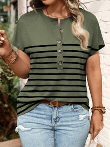 INAWLY Plus Size Women Striped Button Up Knit T-Shirt, New Design, For Summer - Army Green - View 4