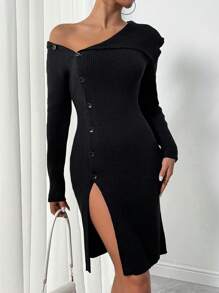 Chiquease 优雅纯色不对称领开衩毛衣裙，秋冬 - 黑色 - 查看 4