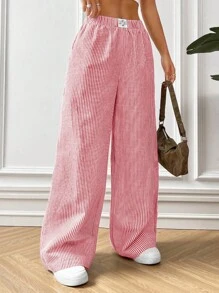 SHEIN EZwear 女款休闲红色条纹梭织阔腿裤 - 紅白色 - 查看 6