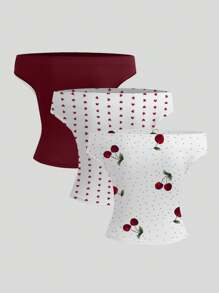 Sweetra 性感露肩短款上衣，腰部褶饰印花，套装 - 彩色 - 查看 2