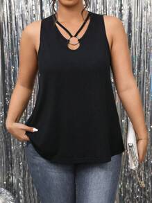 EMERY ROSE Camiseta sin mangas de mujer talla grande de cuello redondo, color negro sólido, con espalda cruzada y abertura - Negro - Ver 1