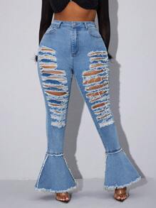 Slaydiva Jeans casuales con bolsillo delantero con botones y efecto desgastado en tallas grandes - Azul - Ver 4