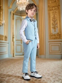 SHEIN 2 piezas Traje de caballero para niños pequeños - Chaleco y pantalones, adecuado para cumpleaños, Navidad, bodas - Azul - Ver 4