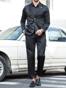 Manfinity Bizformal Jaqueta casual masculina de cor sólida, moda minimalista para uso diário - Preto - Ver 4