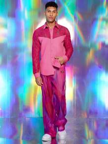 FeverCity 男士蕾丝拼布前扣长袖休闲衬衫，日常穿着 - 玫紅色 - 查看 4