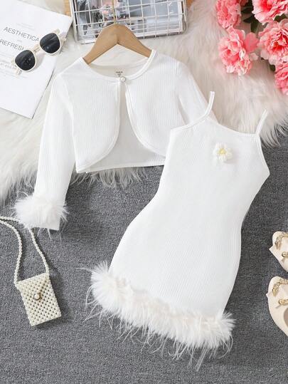 Elladie kids Young Girl Fuzzy Patchwork Long Sleeve Casual Jacket And Floral Decor A-Line Dress Set