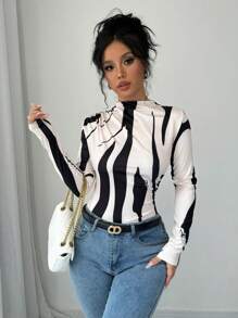 Selianne Camiseta de mujer de cuello alto con un hombro, con pliegues elásticos y cintura fruncida, Camiseta gráfica de otoño para mujer - Multicolor - Ver 5