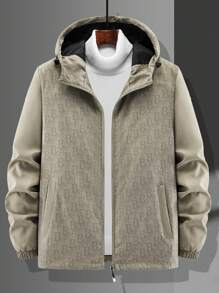 Manfinity Homme Men's Front Zipper Long Sleeve Pocket Solid Color Patchwork Simple Hooded Jacket - Khaki - View 4