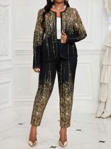 SHEIN Lady 秋冬优雅针织翻领纽扣长袖加大码仿皮草大衣 秋冬优雅黑金色针织翻领纽扣长袖加大码仿皮草大衣，情人节 - 黑色 - 查看 6