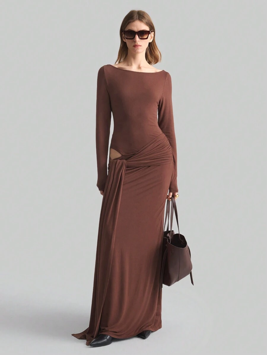 Ontre Elegantes Kleid mit Hohlmuster und Twist, braun, eng tailliert, moderner Stil, geeignet für Valentinstag und Partys, Frühling