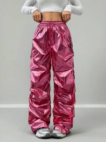 Pantalones rosas de paracaídas con cintura elástica y bolsillos para mujer, estilo Y2K